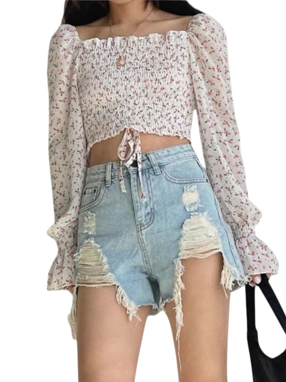High Rise Distressed Denim Shorts Frayed Hem XS